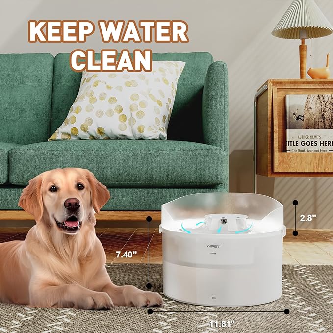NPET Dog Water Fountain,270oz/2Gallon/8L Anti Splash Automatic Pet Drinking Fountain Super Quiet Water Feeder with Replacement Filters Easy to Clean(semi-White)