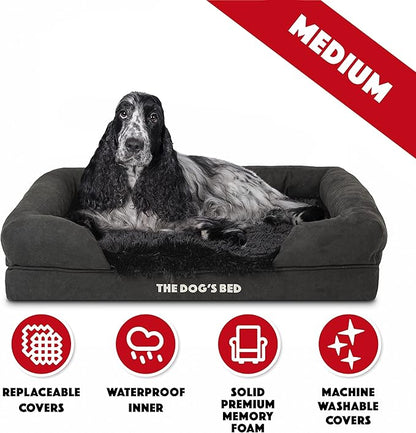 The Dog’s Bed Orthopedic Memory Foam Dog Bed with Bolsters for Medium Dogs, Waterproof Washable Cover, Anti-Slip Base, Calming Surface – CertiPUR-Certified Foam, Fur Fabric, Black Fur, Medium