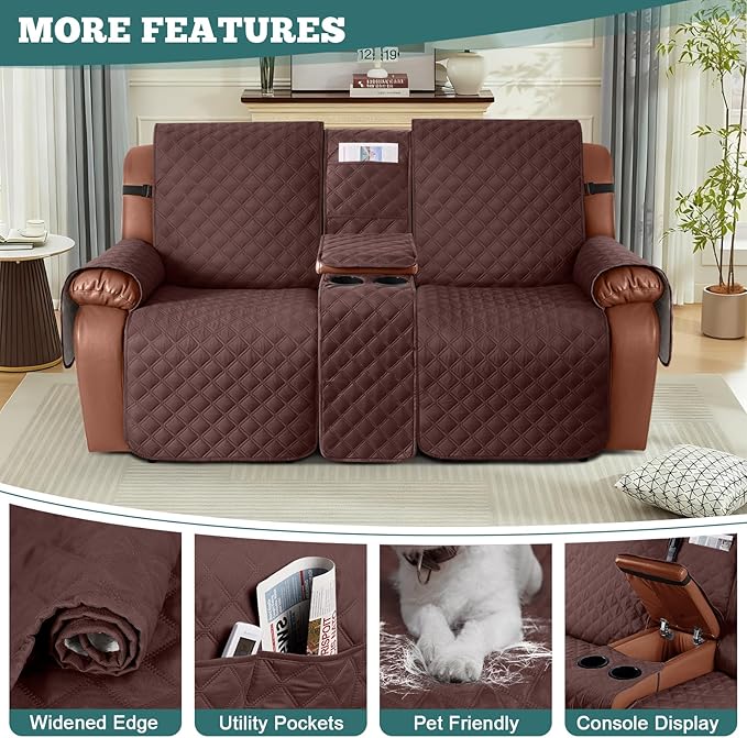 Ruaozz Waterproof Loveseat Recliner Cover with Console Non-Slip Reclining Couch Covers Split Sofa Slipcovers with Elastic Straps Furniture Protector for Kids, Dogs, Pets (Coffee, 2 Seater)