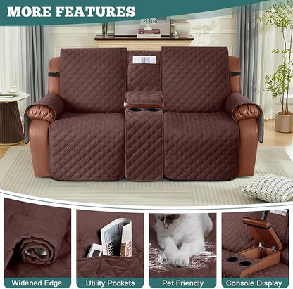 Ruaozz Waterproof Loveseat Recliner Cover with Console Non-Slip Reclining Couch Covers Split Sofa Slipcovers with Elastic Straps Furniture Protector for Kids, Dogs, Pets (Coffee, 2 Seater)