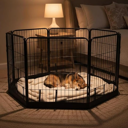 Dog Playpen w/Octagon Bottom Floor Cover - 40 inch, 8 Panel Portable Black Metal Pet Play Pen for Medium & Large Dogs - Indoor/Outdoor Kennel Cage for Home, Yard, RV, or Camping