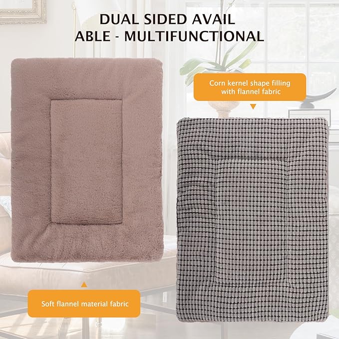 Reversible Dog Bed Mat with Plush and Corn Velvet,Soft Warm Pet Cushion, Dual Purpose Washable Sleeping Mattress Bed for Small Medium Large Dog and Cat XB004 (48"*30", Khaki)