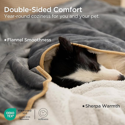 Bedsure Waterproof Blanket for Bed Queen Size- Sherpa Fleece Waterproof Dog Blankets for Large Dogs, Pet Blankets for Bed/Couch, Soft Plush Reversible Furniture Protector, 90"x86", Grey