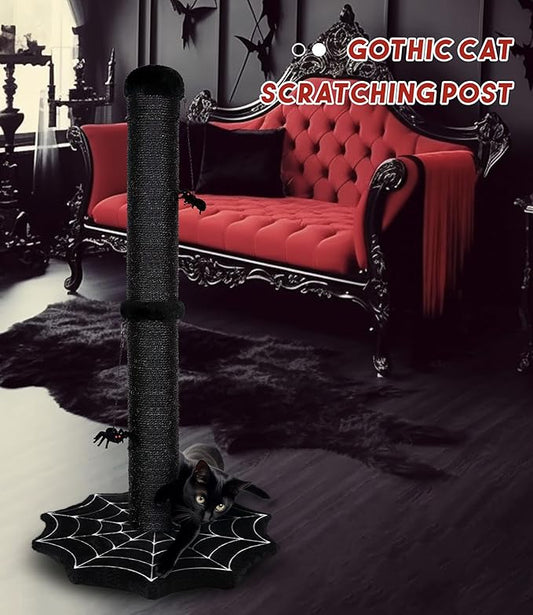 Gothic Cat Scratching Post with Spider Dangling Toys for Indoor Cats, Halloween Spooky Cat Scratcher,Activity Cat Play Center Goth Cat Tree Tower Furniture with Cobweb Base,Black