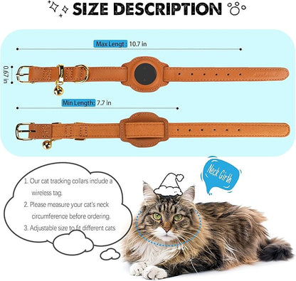 Cat Tracker, GPS Pet Tracker for Cats (Only iOS), Leather Cat Collar with Tracker, Works with Any Collar, No Monthly Fee, Compatible with Apple Find My App not for Android (Light Brown)