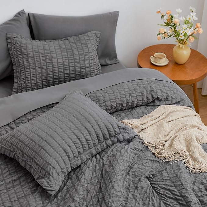 Love's cabin Seersucker Dark Grey Twin XL Comforter Set, 5-Piece All Season Lightweight Bed in a Bag Bedding Set with Comforter, Flat Sheet, Fitted Sheet, Pillowcase and Sham | Soft, Breathable, Lightweight