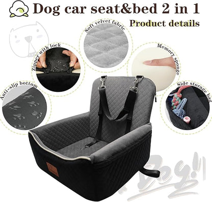 Dog Car Seat Bed 2 in 1 for Small/Medium Dogs up to 35 lbs,Adjustable Safety Leashes,Memory Foam with Soft Fabric Pets Travel Car Bed,Easily Installed in Front and Back seat,Removable and Washable.