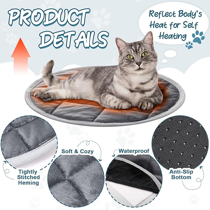 Drydiet 2 Pcs Self Warming Cat Mat Round Self Heating Pad Bed Reversible Machine Washable Heated Bed Anti Slip Warming Pad Pet Mat for Cat Crate Indoor Outdoor (Gray,12 Inch)