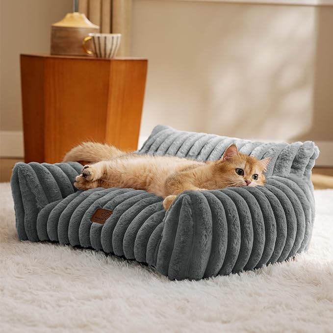 Bedsure ComfyFleece Cat Couch for Pets - Fluffy Cat Sofa with Premium Soft Corduroy Fleece, Fuzzy Pet Couch Bed with Removable Washable Cover, Supportive Pet Chair for Indoor Cats, 24inch, Warm Grey