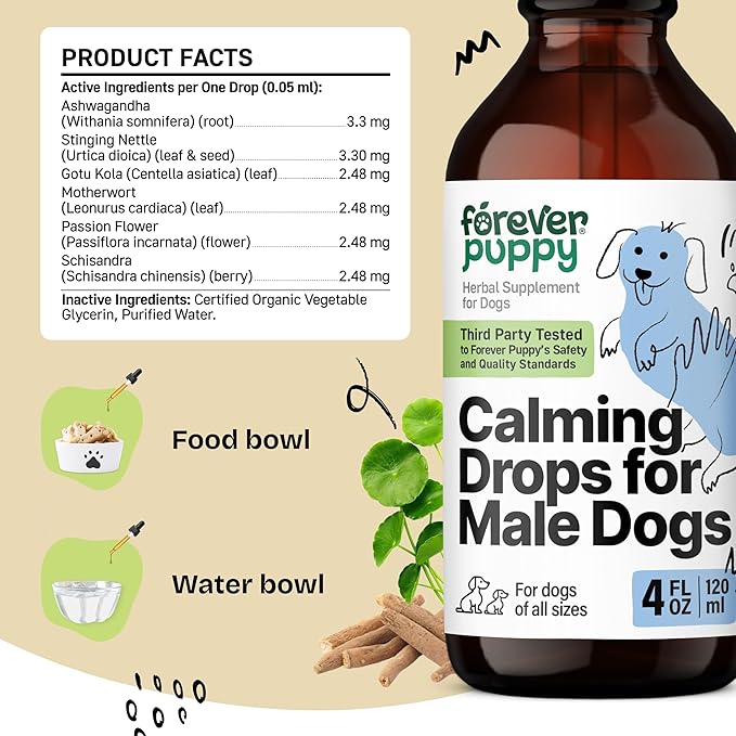 Forever Puppy Calming Drops for Male Dogs - Liquid Ashwagandha Root & Passion Flower Extract for Composure - Relaxation & Mood Support Supplement for Dogs of All Breeds & Sizes - 4 oz