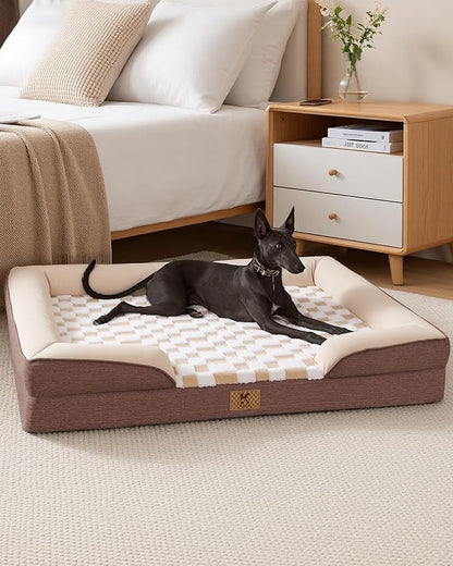 KSIIA Waterproof Dog Bed Orthopedic for XL Senior Dog Couch with Sides, Extra Thick Supportive Pet Bed Sofa with Soft Plush Cover and Non-Slip Bottom, 48 x 35 Inch, Brown