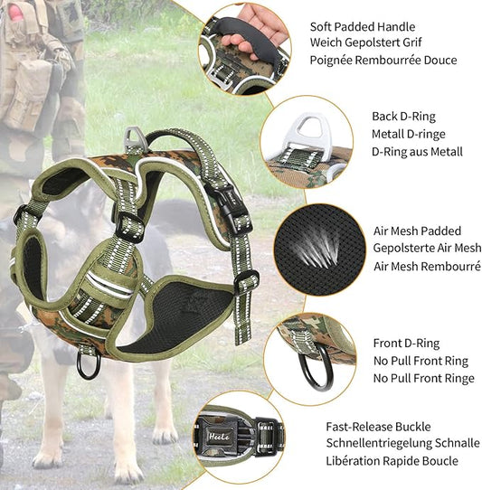 HEELE Dog Harness, No Pull Adjustable Padded Reflective Harness for Small Medium Large Dogs with Handle for Walking Training, Camo Green, XL
