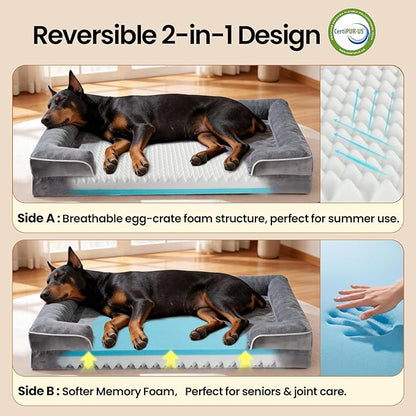 OhGeni Orthopedic Dog Bed Couch Big Cat Sofa for XXL Sized Pets with Memory Foam, Machine-Washable Waterproof Removable Cover, Soft Comfortable Fabric, 48-inch (Gray)