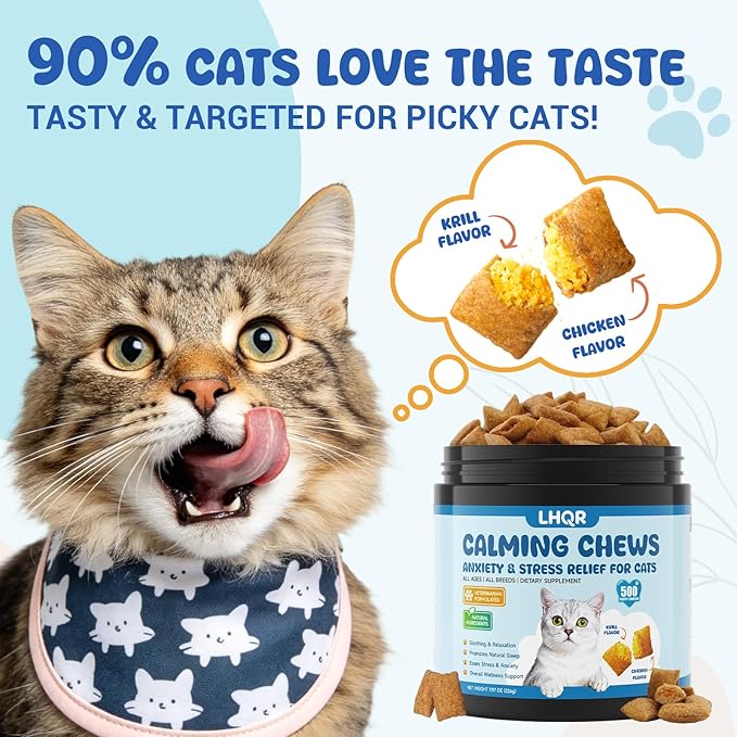 500 Calming Chews for Cats, Helps Reduce Stress with Melatonin, Relaxation for Travel, Boarding,Separation, Grooming Anxiety -with Ashwagandha, Organic Chamomile, L-Theanine & L-Tryptophan Chicken