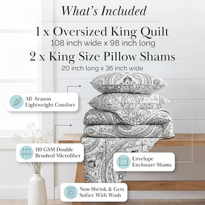 Southshore Fine Living, Inc. Boho King Quilt Set, Lightweight Bedspread, Summer Coverlet, 3-Piece Paisley Bedding Set with Two Matching Quilted Pillow Shams, California/King Quilts, Black