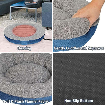 Heated Cat Beds for Indoor Cats Warming Cat Beds Super Soft Machine Washable Thermo Kitty Electric Heating Bed 19 Inches Round