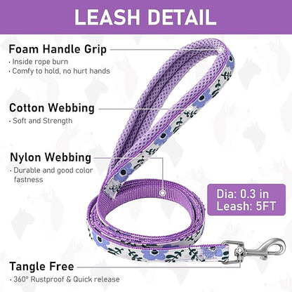 GAMUDA Small Dog Harness Collar and Leash Set, Step in No Chock No Pull Soft Mesh Adjustable Dog Vest Harnesses Plaid Reflective for Dogs Puppy Cats Kitten Rabbit (Purple Flower, S)