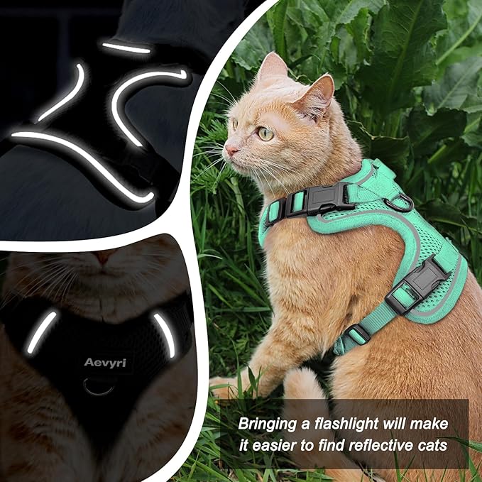Cat Harness and Leash for Walking, The Upgrade Can be Adjusted in Four Directions and Breathable Cat Harness for Anti Escape that can be Fitted and Positioned, Reflective Strips Harness, Green, XS