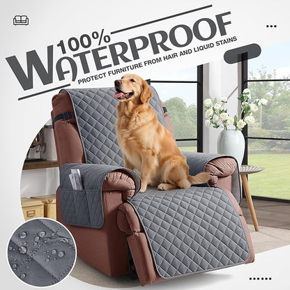 KinCam 100% Waterproof Recliner Chair Cover, Reclining Couch Covers for Pets, Dogs, Recliner Couch Slipcover Furniture Protector with Elastic Straps for Kids(30", Dark Gray)