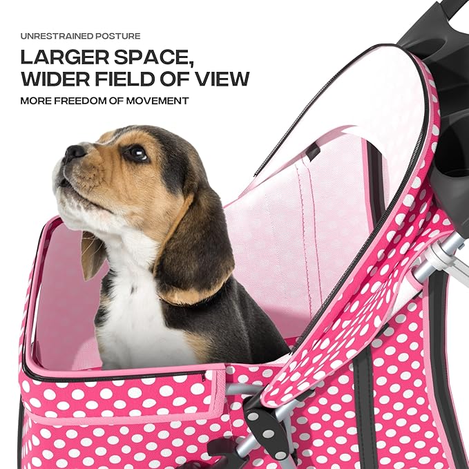 Pink Dog Stroller for Medium Dogs 30 lbs Pet Stroller for Small Dogs Cat Strollers for 2 Cats, 3 Wheels Foldable Jogger Puppy Stroller with Storage Basket and Cup Holder, Pink Polka Dots