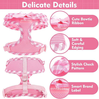 EXPAWLORER Cute Dog Harness Collar Leash Set - Pink Girl Dog Harness Checkered Step-in Design, Detachable Bow Pet Collar, Adjustable No-Choke Lightweight Mesh Vest for Cats Puppy Small Dogs, XS