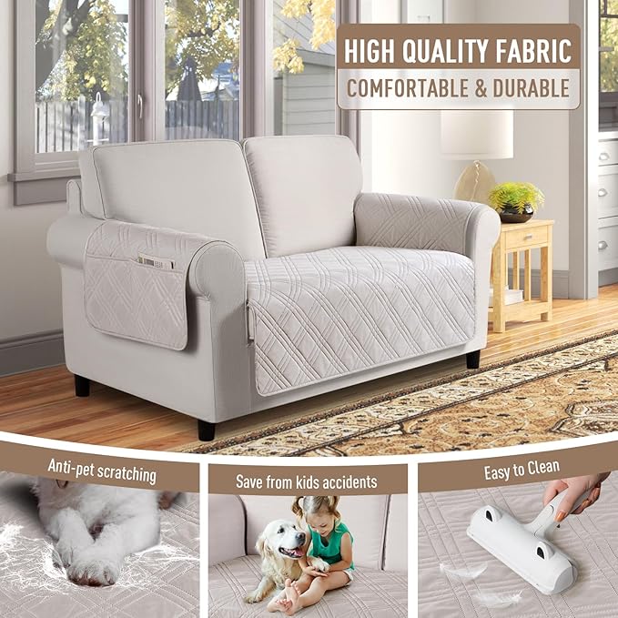 TAOCOCO Waterproof Loveseat Covers for Pets Dogs with Non Slip Backing, Sofa Seat Covers with Pocket for 2 Cushion Couch Washable Dog Couch Cover Protector Sofa Slipcovers(Loveseat Plus, Cream)