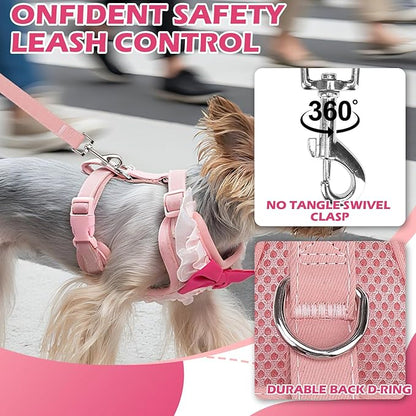 EXPAWLORER Cute Dog Harness, Pink Girl Adjustable No Pull Vest Harness and Leash Set, Soft Padded Step in Wedding Attire Suit Dress Costume with Bow Tie for Puppy Small Medium Female Dogs, X-Small