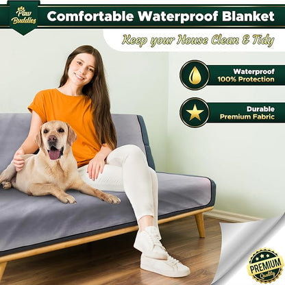 Paw Buddies Premium Waterproof Blanket 80"x90" Velvet-Feel Reversible Throw – Leakproof, Machine Washable Bed & Sofa King Size Protector for Couples, Pets & Travel + Bonus Small Blanket