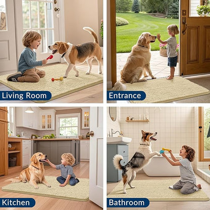Smiry Dog Door Mat for Muddy Paws 30x20, Absorbs Moisture and Dirt Doormat, Non-Slip Washable Quick Dry Chenille Front Door Mat Indoor Entrance, Entryway Carpet for Inside Floor, Cream White