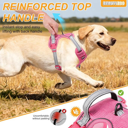 BEAUTYZOO No Pull Dog Harness Large, Adjustable Dog Harness and Leash Set -Easy Wearing with 3 Buckles/Control Handle,No Choke Soft Padded Reflective Pet Vest for Training Walking Hiking,Rose M