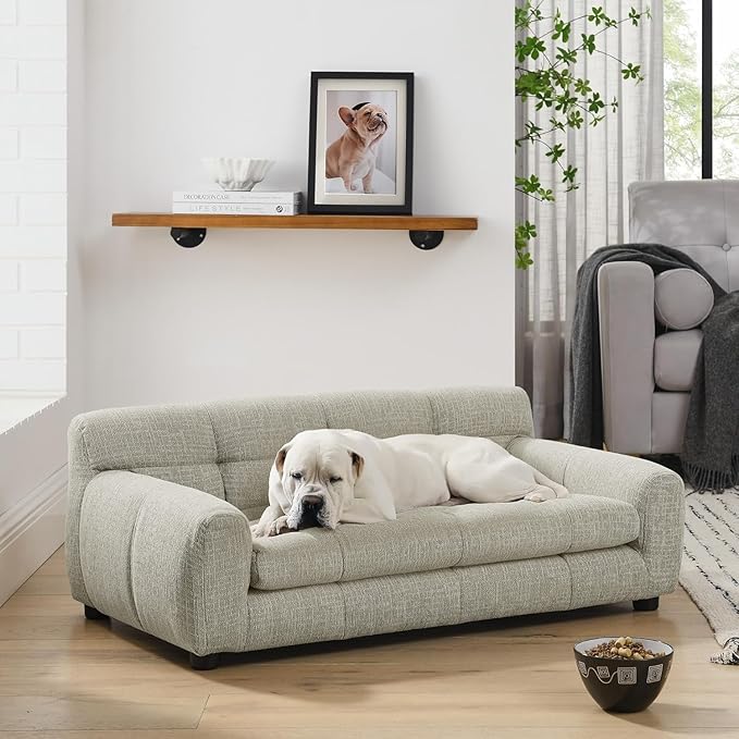 Dog Couch Bed with Backrest and Armrest, Durable Pet Sofa with Upholstered Foam Cushion, Elevated Dog Couch Bed with Legs for Medium Dogs, Dark Beige