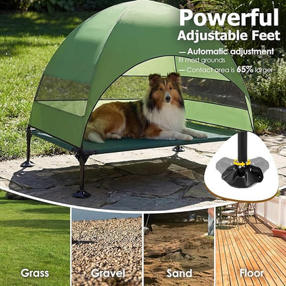 Elevated Dog Bed with UV-Proof Canopy, Outdoor Dog Tent with Powerful Adjustable Feet, Portable Pet Cot with Wider Shade, Raised Cooling Bed for Camping, Patio, Beach, Poolside