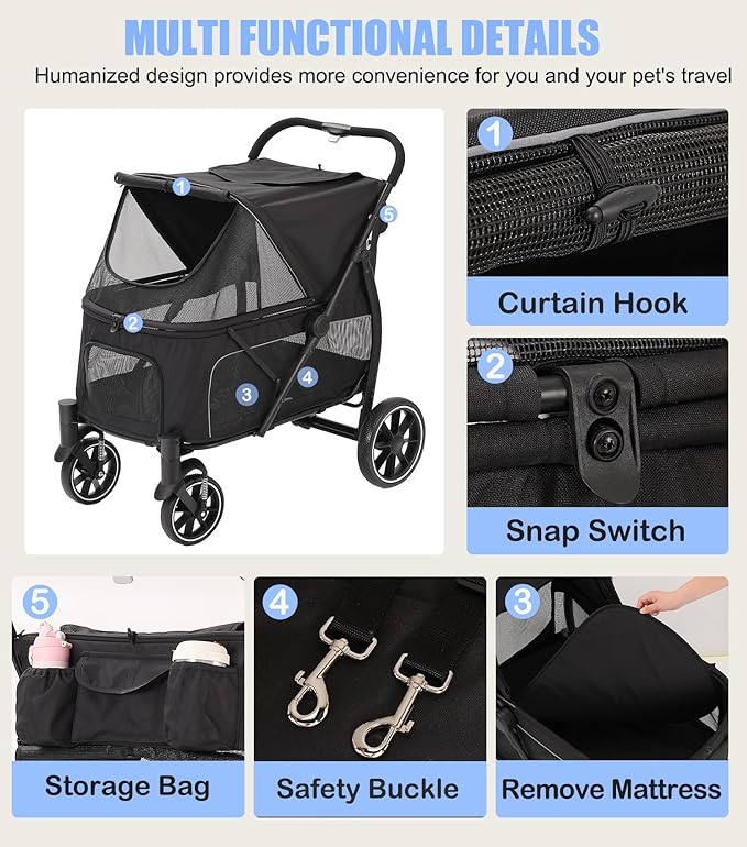 Large Dogs Stroller for Multiple Pets up to 100lbs, Ultra-Breathable Pet Stroller for Medium 2 Dogs，All-Terrain with& Mesh Dual-Window，1680D Waterproof Oxford Fiber (Black)
