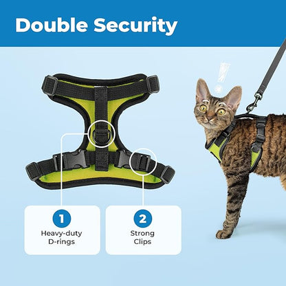 Voyager Escape-Proof Step-in Lock Cat Harness & 5ft Neoprene-Handle Leash Set All-Weather Mesh with Reflective Stitching for Small to Large Cats by Best Pet Supplies, Black Trim-Lime (327), XXS