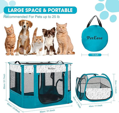 Portable Cat Playpen with Litter Box, Cat Enclosure for Camping, Cat Recovery Playpen After Surgery, Foldable Indoor Outdoor Pet Tent for Cats Rabbits Puppies (Peacock Blue)