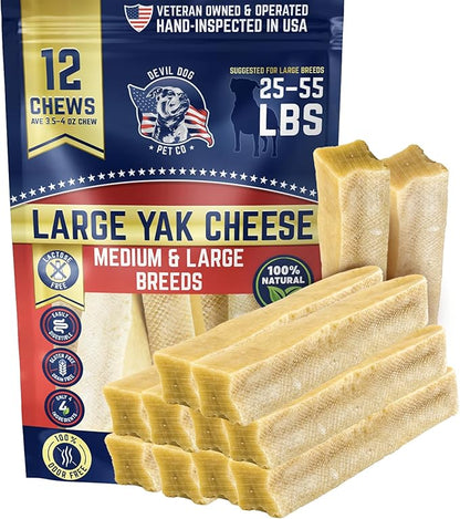 Devil Dog Pet Co - Yak Cheese Dog Chews Large 12 Pack for Aggressive Chewers - Odor-Free Long Lasting Himalayan Treats for Medium & Large Breeds 25-55 lbs, 4-Ingredient Dental & Anxiety Relief
