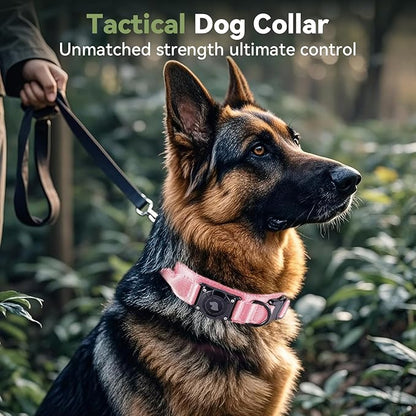 2026 Upgrade Waterproof AirTag Dog Collar, Military Tactical Dog Collar with AirTag Holder, Comfortable Control Handle and Metal Buckle, GPS Dog Collar Holder for Medium to Large Dogs (Pink, XL)