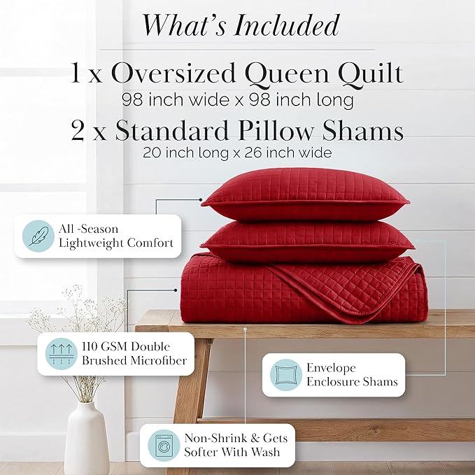 Southshore Fine Living, Inc. Full/Queen Quilt Bedding Set, Microfiber Quilts Queen Size, Coverlet, Stain & Pet Hair Resistant Bedding, Full Size Bedspread with 2 Pillow Shams, Chili Pepper Red