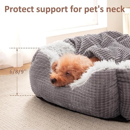 MIXJOY Dog Beds for Large Medium Small Dogs, Rectangle Cave Hooded Blanket Puppy Bed, Luxury Orthopedic Cat Beds for Indoor Cats, Warmth and Machine Washable (35 inches, Grey)
