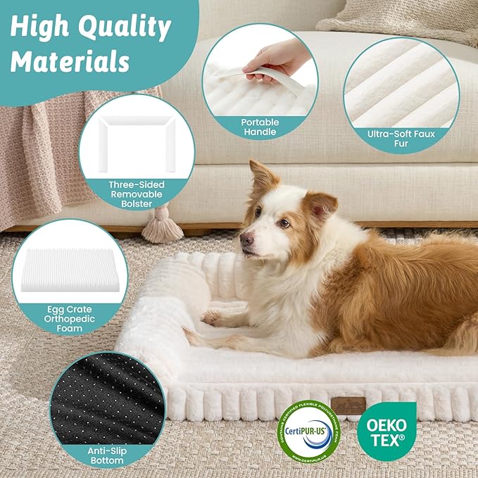 COZY KISS Small Dog Bed, Faux Rabbit Fur Orthopedic Foam Dog Bed with Sides, Removable Washable Cover & Waterproof Lining, Comfortable Pet Couch, Cream (30" L x 20" W x 6" Th)