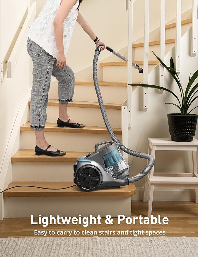 1700W Canister Vacuum Cleaner, 45Kpa Bagless Vacuum Cleaner, Multi-Cyclonic Filtration, 2 Anti-Allergen HEPA Filters, 3.5QT Dust Cup, 4 Tools, Corded Vacuum for Hard Floor, Pet Hair, Turquoise