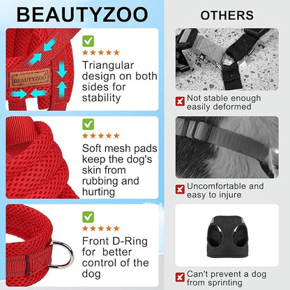 BEAUTYZOO No Pull Dog Harness Medium Sized Dog, Breathable Mesh Padded Dog Harness and Leash Set, Adjustable Reflective Escape Proof Dog Vest Harnessss Quick Fit for Training Walking, Red M