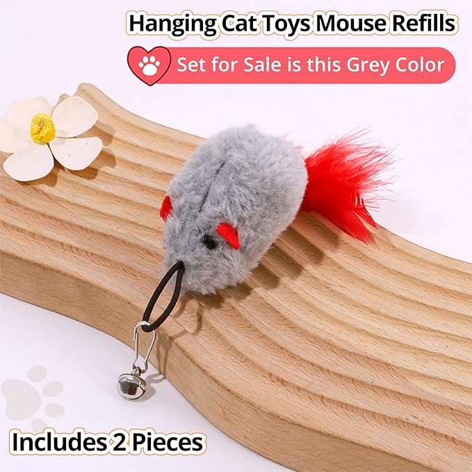 Cat Toy Refill, 2 Pack Mouse Toy with Feather Tail and Bell for Cat Wand Toy Accessories Cat Toy Attachments Replacements, 4.72” Realistic Size Mice Toy for Bored Indoor Adult Cat Self Play