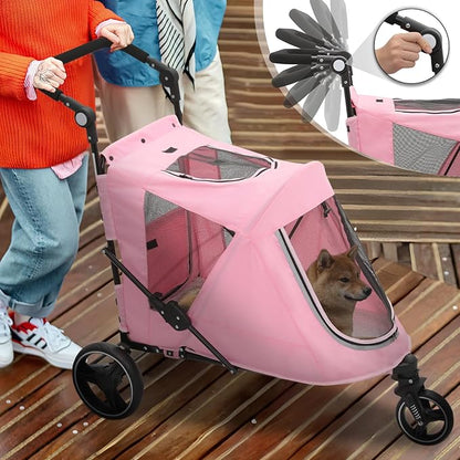 Pet Stroller for Large Dogs or Multiple Dogs Cats with Adjustable Handle, 3-Wheels Dual Entry Visible Portable Dog Carting Easy Folding Pet Wagon Double Dog Stroller up to 55 lbs, Pink