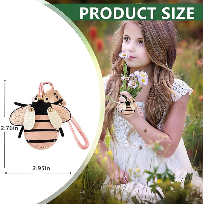 Leather Keychain Holder Case Compatible with AirTag,Cute Protective Cover with Keyring and Lanyard,Anti-Scratch Finder GPS Tracker Case for Wallet Keys,Bag,Pets,Backpack(Pink Bee)