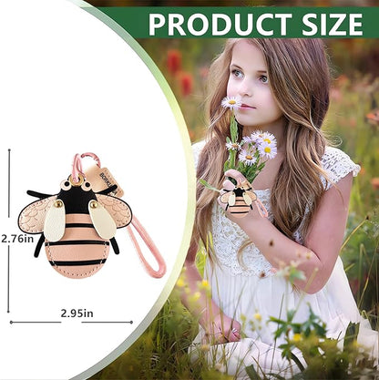 Leather Keychain Holder Case Compatible with AirTag,Cute Protective Cover with Keyring and Lanyard,Anti-Scratch Finder GPS Tracker Case for Wallet Keys,Bag,Pets,Backpack(Pink Bee)