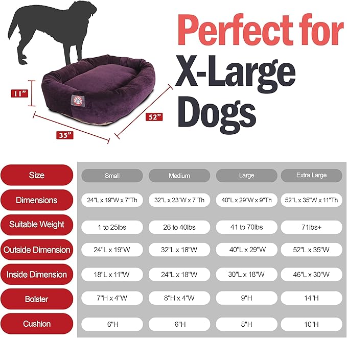 Majestic Pet 52 Inch Micro Velvet Calming Dog Bed Washable – Cozy Soft Round Dog Bed with Spine for Head Support - Fluffy Donut Puppy Mat 52x35x11 (inch) X- Large – Aubergine
