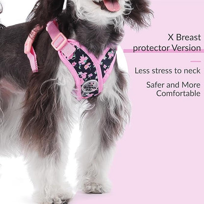 Patas Lague Dog Harness with Leash Set Adjustable Soft Padded Step-in Dog Vest No Choke No Pull Reflective for Small Medium Pets with Poop Bags and Dispenser, Solid and No-chew, Floral Pink S
