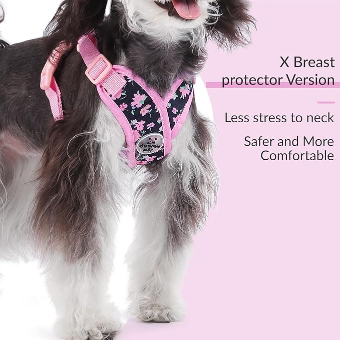 Patas Lague Dog Harness with Leash Set Adjustable Soft Padded Step-in Dog Vest No Choke No Pull Reflective for Small Medium Pets with Poop Bags and Dispenser, Solid and No-chew, Floral Pink M