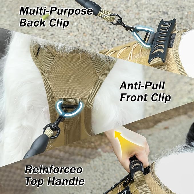 No Pull Tactical Dog Harness for Medium Dogs, Escape Proof Molle Dog Vest Harness and Leash Set, Adjustable Military Service Dog Harness with Handle for Medium Large Dogs(Brown,Medium)
